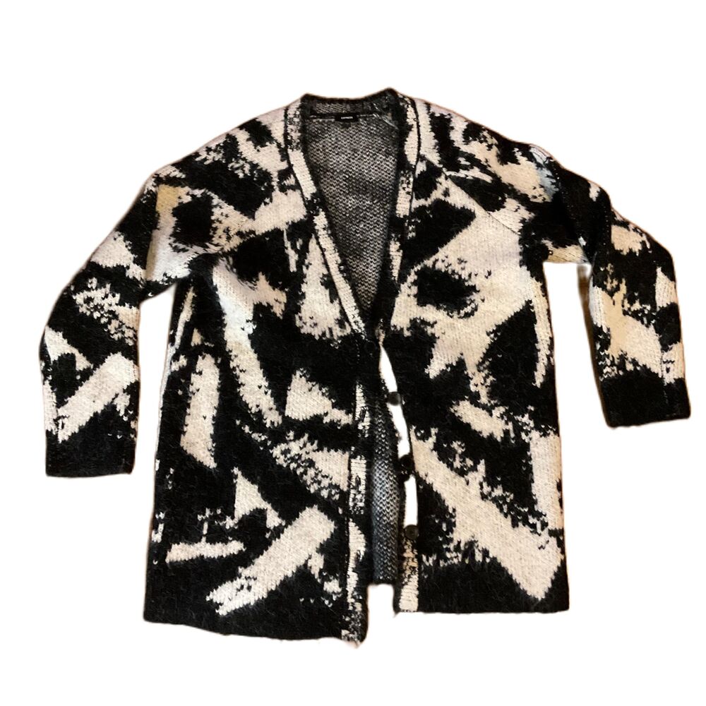 Express Womens‎ Black White Long Sweater Wool Blend Open Front Cardigan Large